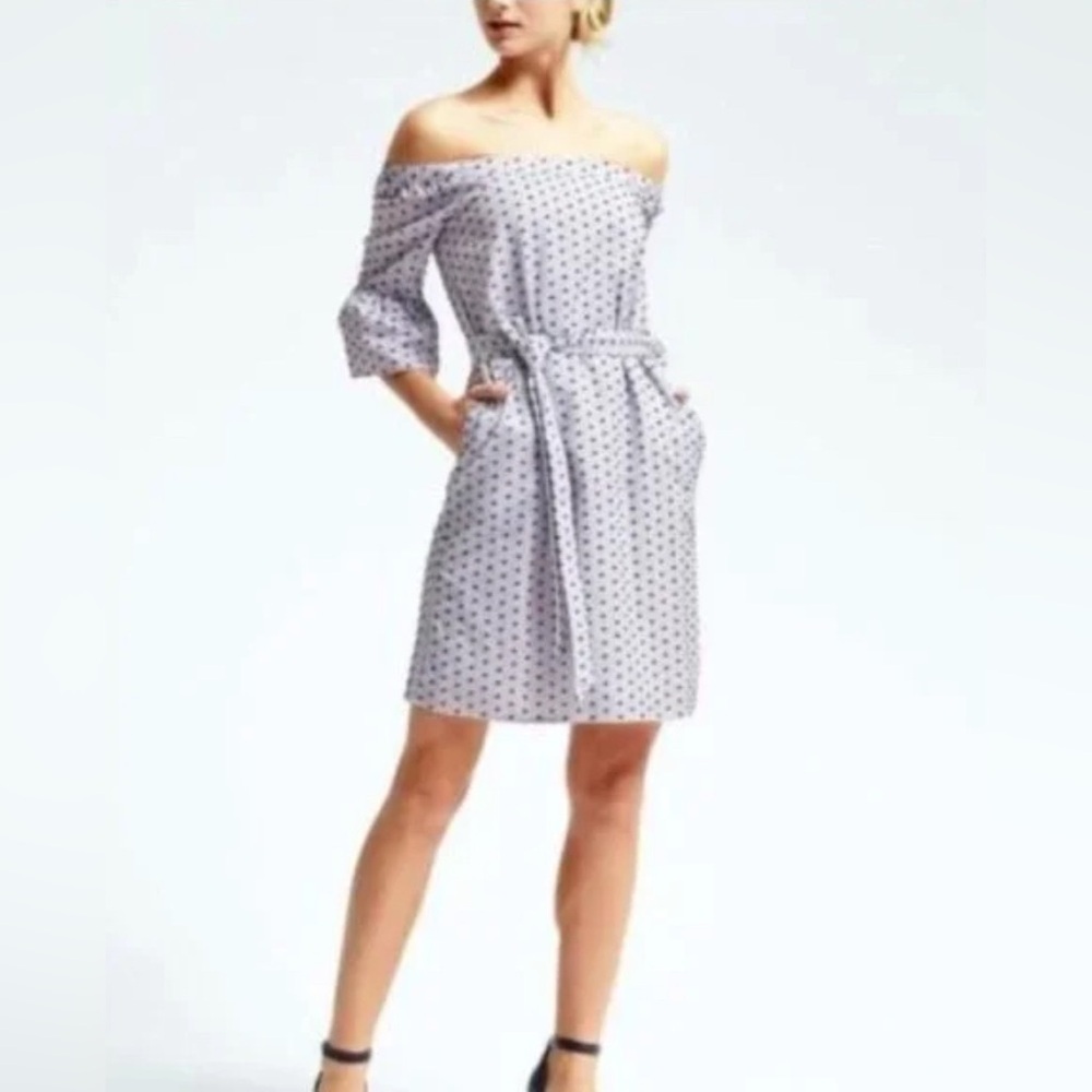Banana Republic Swiss Dot Off Shoulder Dress Navy Blue Dots Belt Sz M Tall